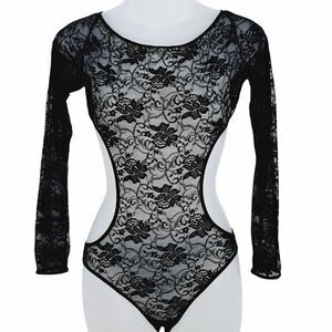 Y2K Frederick's of Hollywood Black Lace Bodysuit Sm Long Sleeve Floral Cut Out